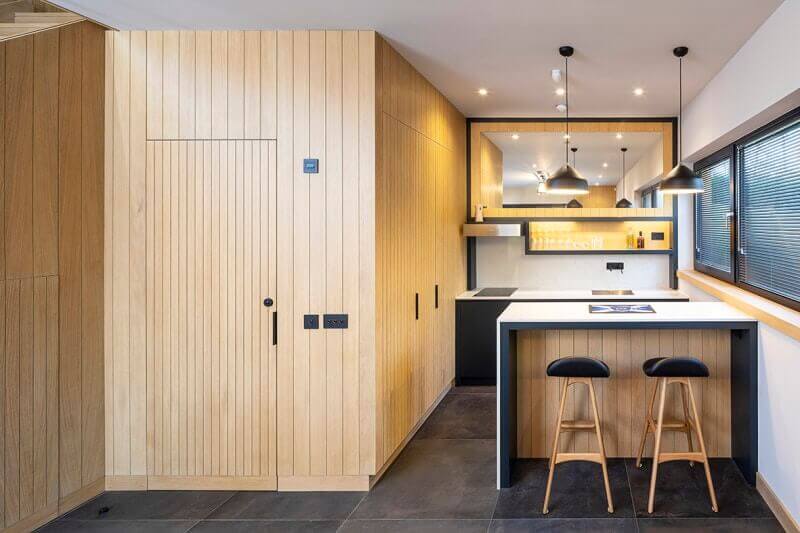 Scandinavian interior made from oak wood.