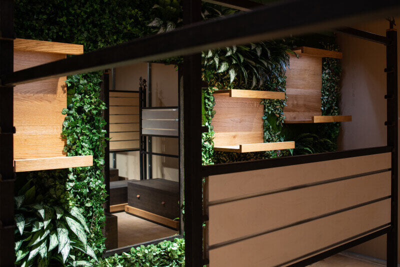 Custom merchandise shelving newly installed and awaiting product to be placed on it.