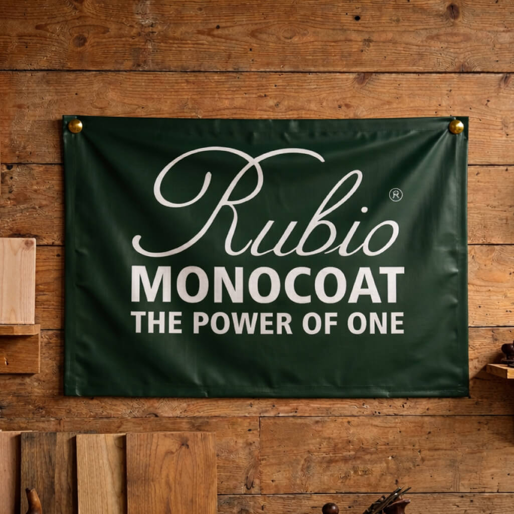 Rubio Monocoat banner on a wooden wall