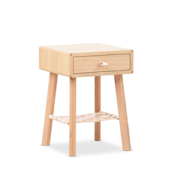 Nightstand made from natural non-yellow oak wood.