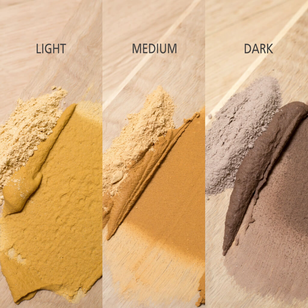 Rubio Monocoat Woodfiller Quick colors light, medium, and dark shown applied to white oak