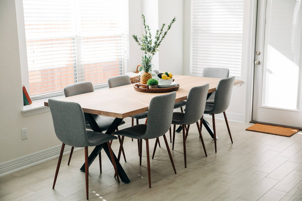 Project inspiration for a modern white oak table with a metal base finished with Rubio Monocoat Oil Plus 2C hardwax oil wood stain and finish in one. 