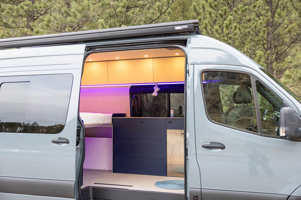 Camper van project inspiration with birch cabinetry finished with Rubio Monocoat Oil Plus 2C hardwax oil wood stain and finish for interior wood projects.