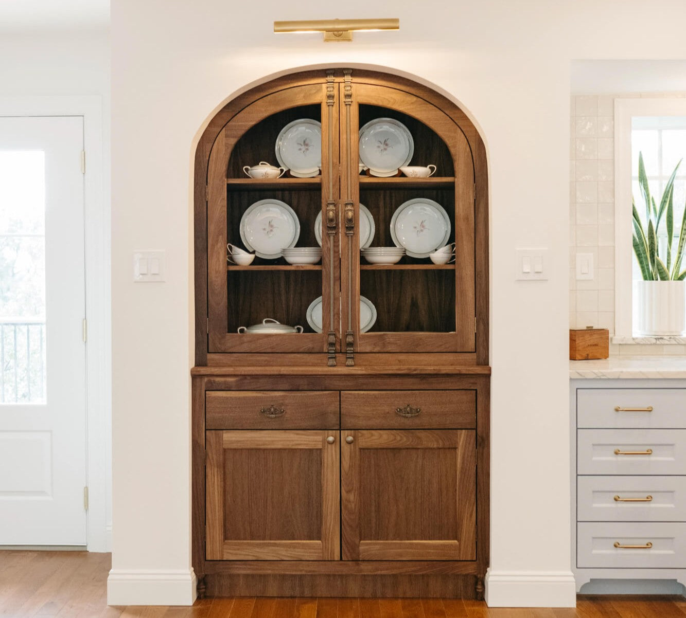 Project inspiration for a built-in walnut hutch finished with Rubio Monocoat Pure hardwax oil single-layer wood stain and finish for interior wood projects.