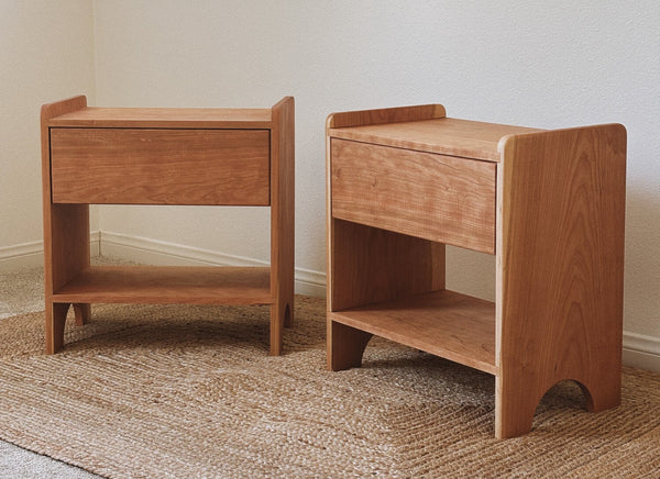Project inspiration for a pair of modern solid cherry nightstands finished with Rubio Monocoat Oil Plus 2C hardwax oil wood stain and finish in one.