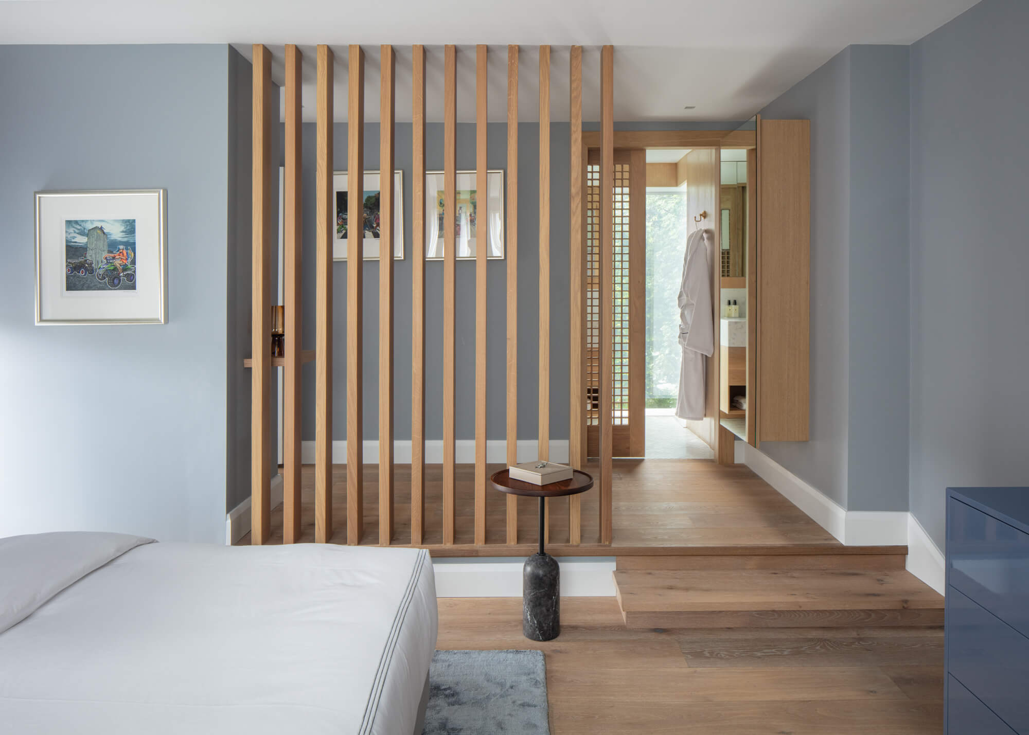 Interior design inspiration for a light and airy home with oak details finished with Rubio Monocoat Oil Plus 2C hardwax oil single layer wood stain and finish for interior wood projects.