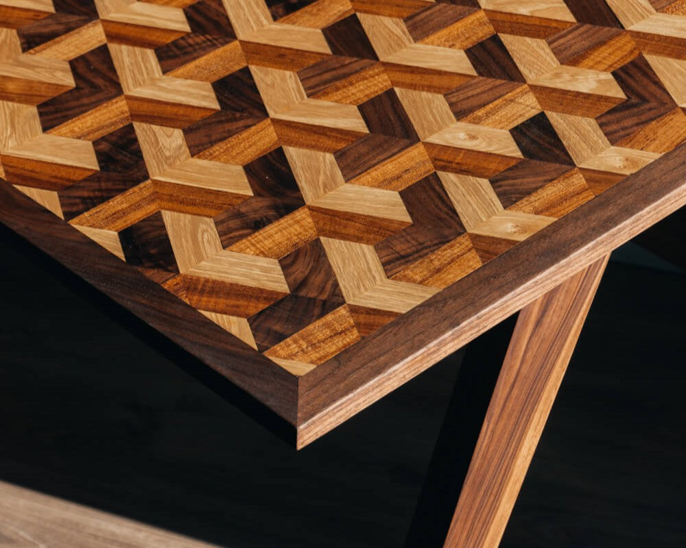 Contemporary walnut desk with geometric wood inlay finished with a hardwax oil wood finish..