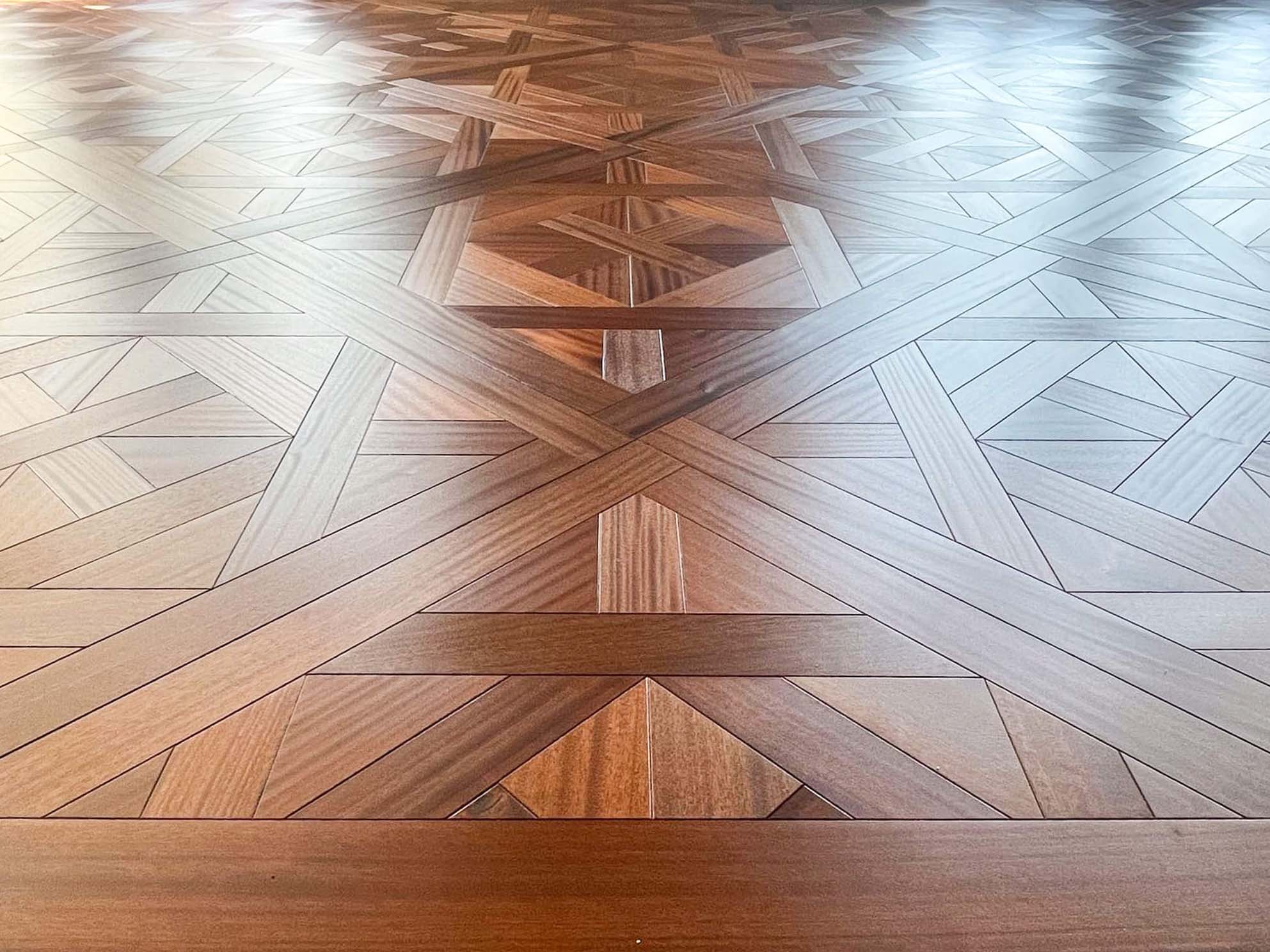 Sapele Bordeaux parquet flooring finished with Rubio Monocoat Hardwax Oil.