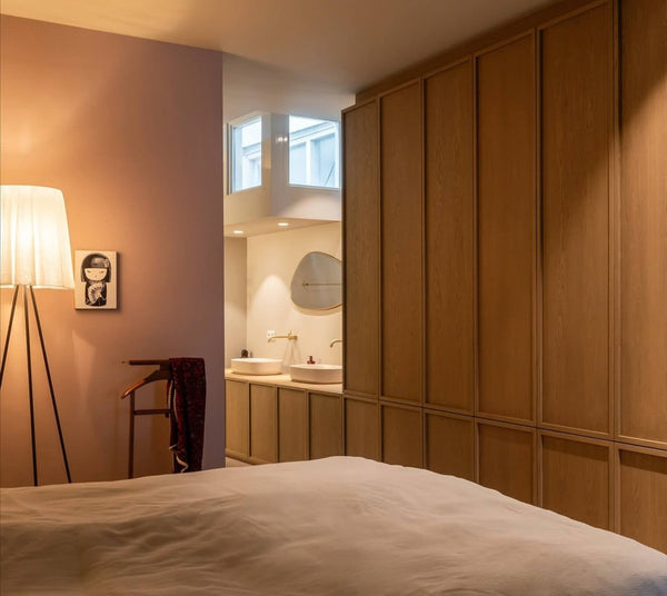 Project inspiration for a built-in wood wardrobe finished with Rubio Monocoat Oil Plus 2C "Mocha" for interior wood projects.