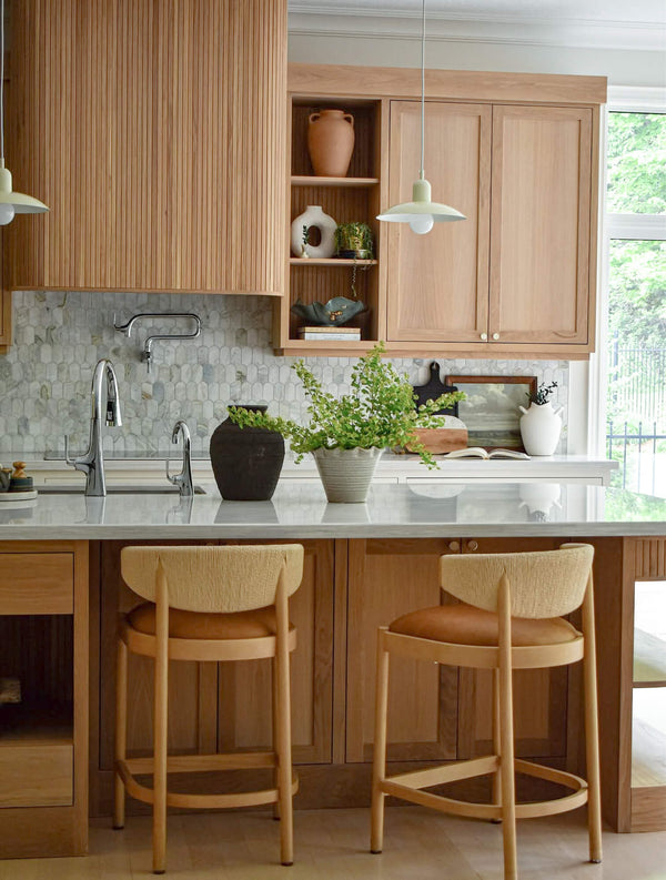 Organic modern kitchen project inspiration finished with white oak cabinetry finished with Rubio Monocoat Oil Plus 2C "Natural" hardwax oil wood stain and finish.