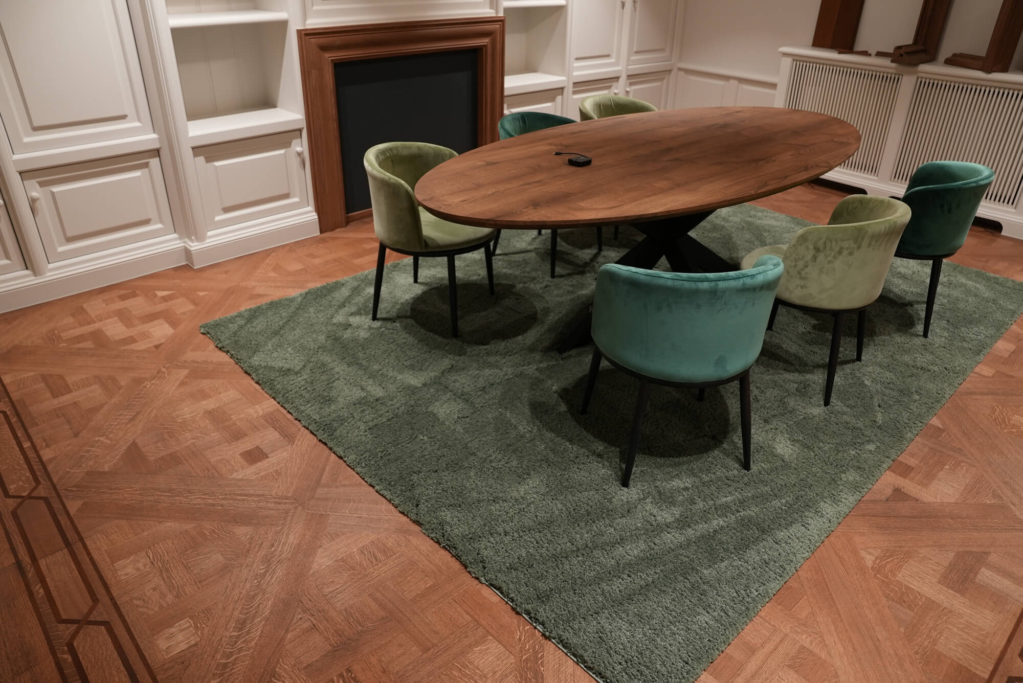 Inspiration for a parquet floor laid in a Versailles pattern made from European oak wood. Rubio Monocoat Oil Plus 2C hardwax oil stain and finish in a custom mix was used to finish the floor.