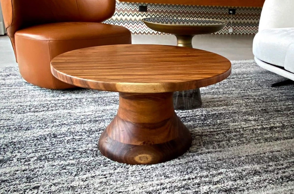 Project inspiration for a turned coffee table crafted from monkeypod wood and finished with Rubio Monocoat Oil Plus 2C hardwax oil wood stain and finish for interior wood projects.