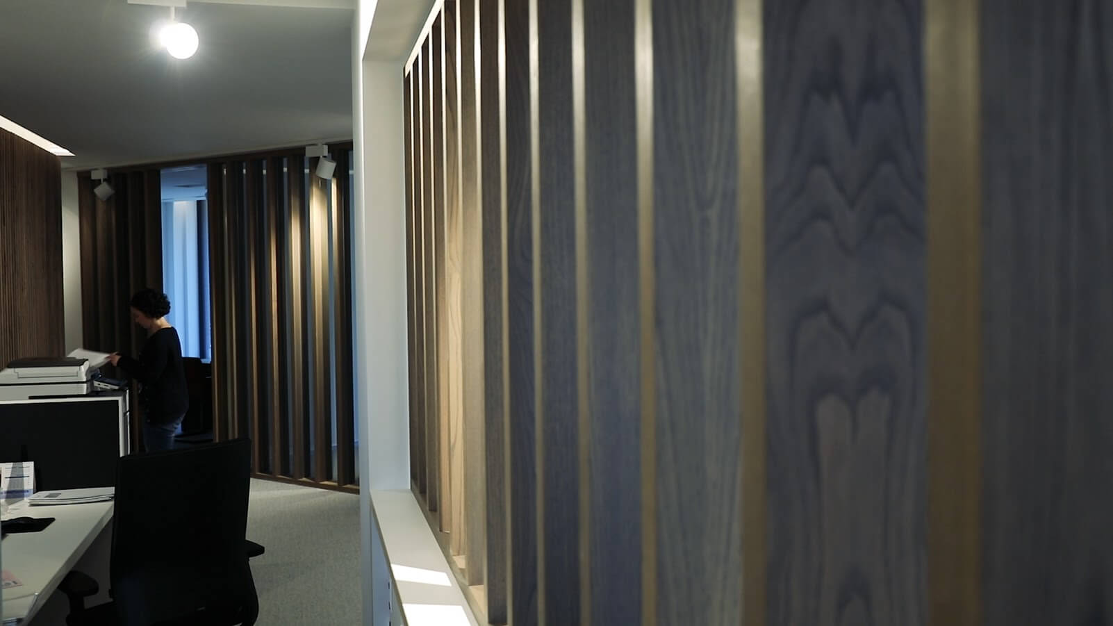 An office space with various wood surfaces finished using Rubio Monocoat Oil Plus 2C wood finish for both residential and commercial surfaces.