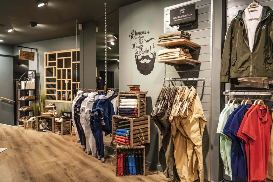 Mens clothing store with hardwax oil finished wood floors.