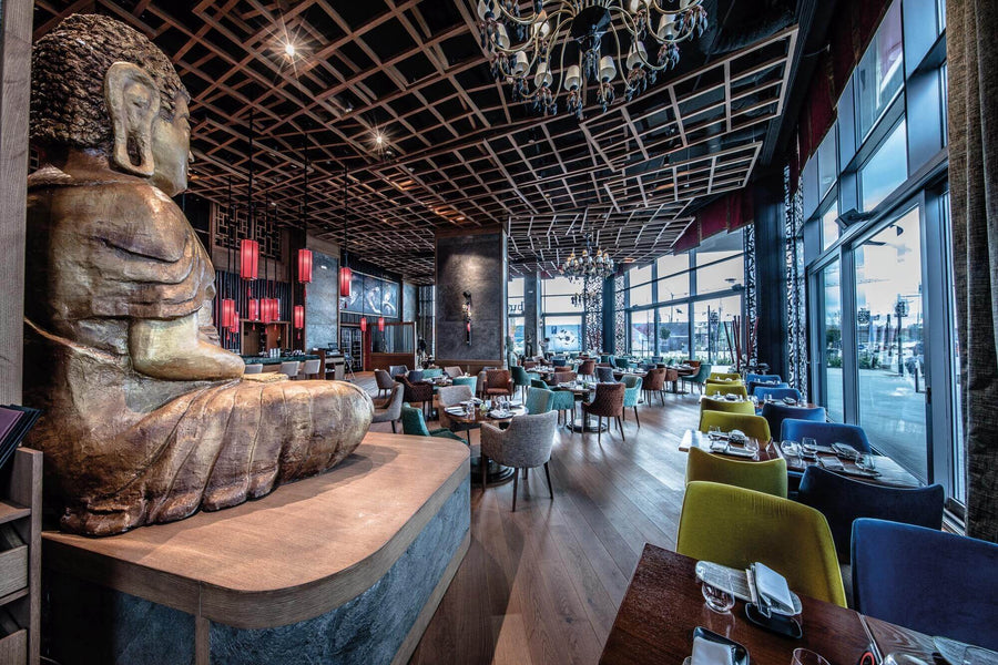 Buddha bar restaurant with hardwood flooring in dinging room.