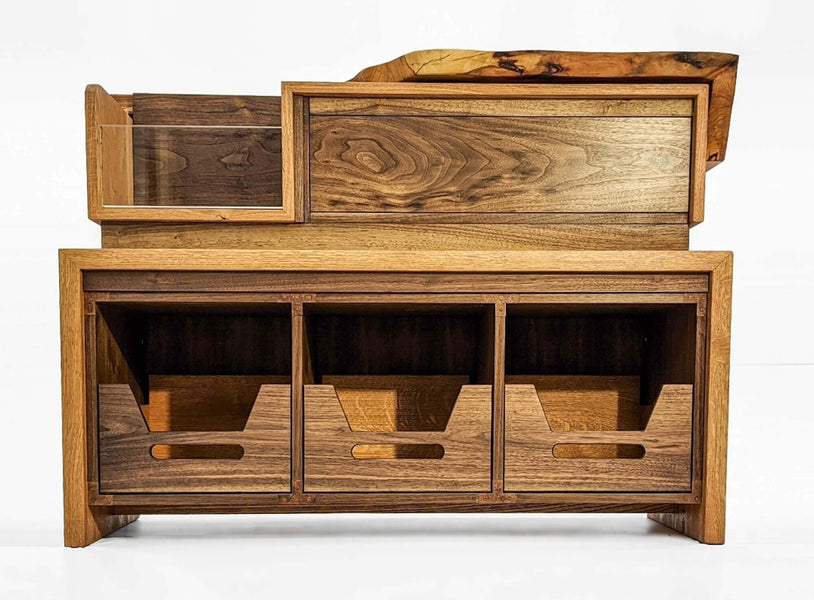 View of the live edge vinyl storage console with several compartments for storage.