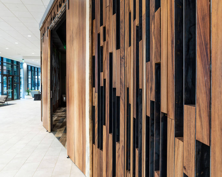 Wooden accent wall in hotel.