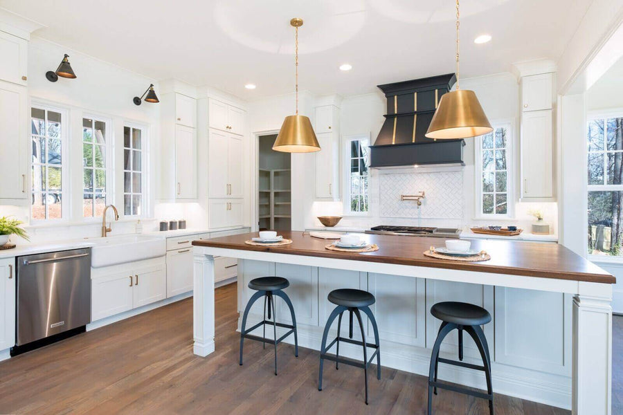 Farmhouse kitchen with eco-friendly hardwood flooring