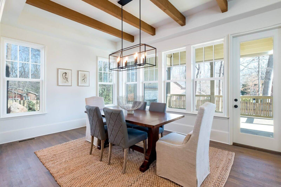 Dining room with plant-based hardwax oil wood finish on the hardwood flooring.