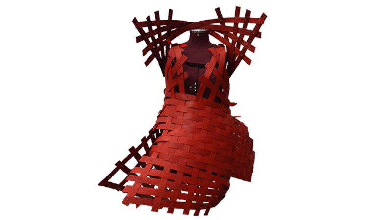 Design concept of a red dress made out of wood strips.