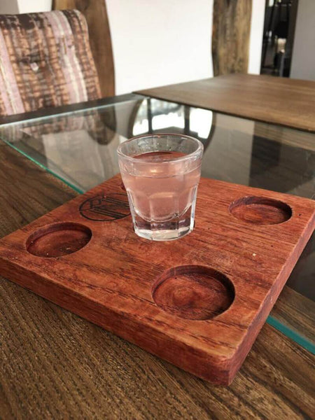 Wooden shot glass serving tray.