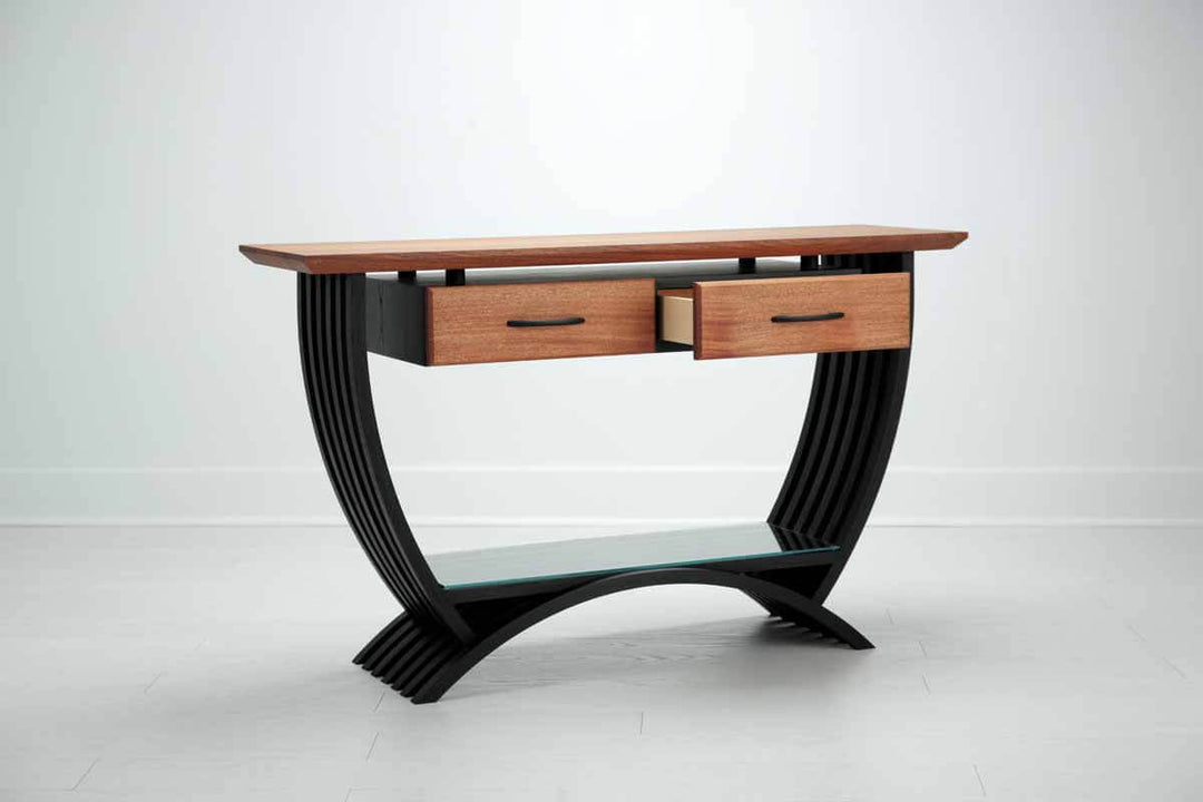 Angled view of a curvy console table finished with Rubio Monocoat hardwax oil wood finish.
