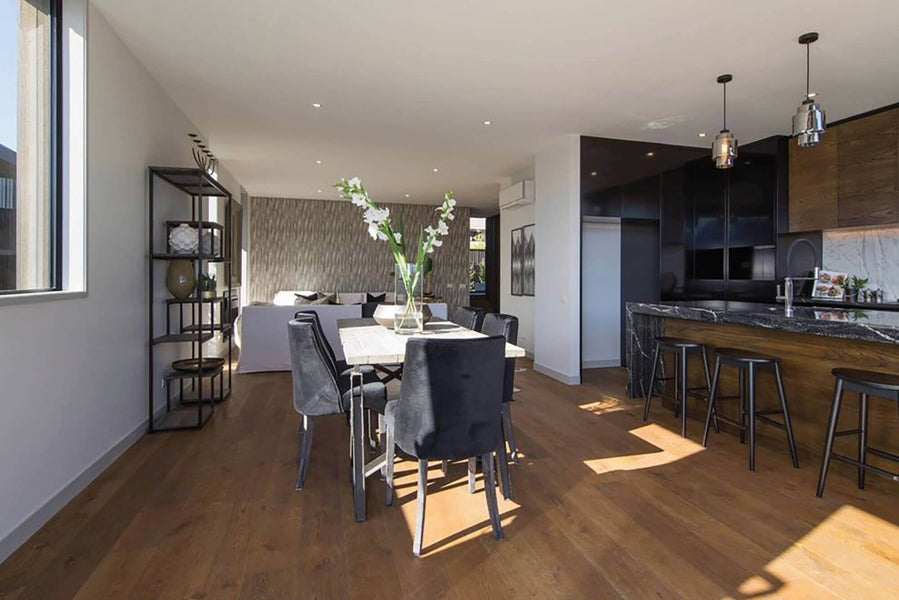 Dining room european oak wood flooring finished with hardwax oil wood finish.