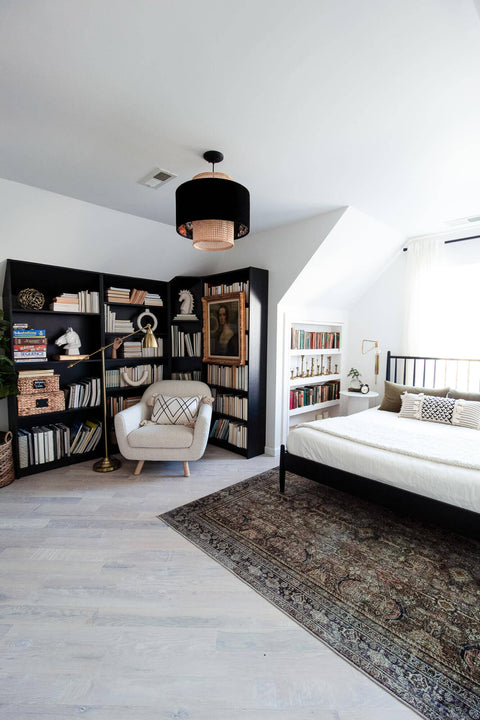 A beautifully designed DIY bedroom with light white oak floors finished with Rubio Monocoat.