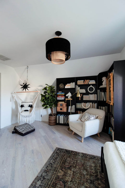 A reading area in a newly renovated bedroom with white oak hardwood flooring, finished with Rubio Monocoat hardwax oil.