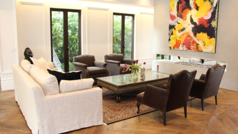 Living room of beautiful house featuring wooden floors finished with Rubio Monocoat.