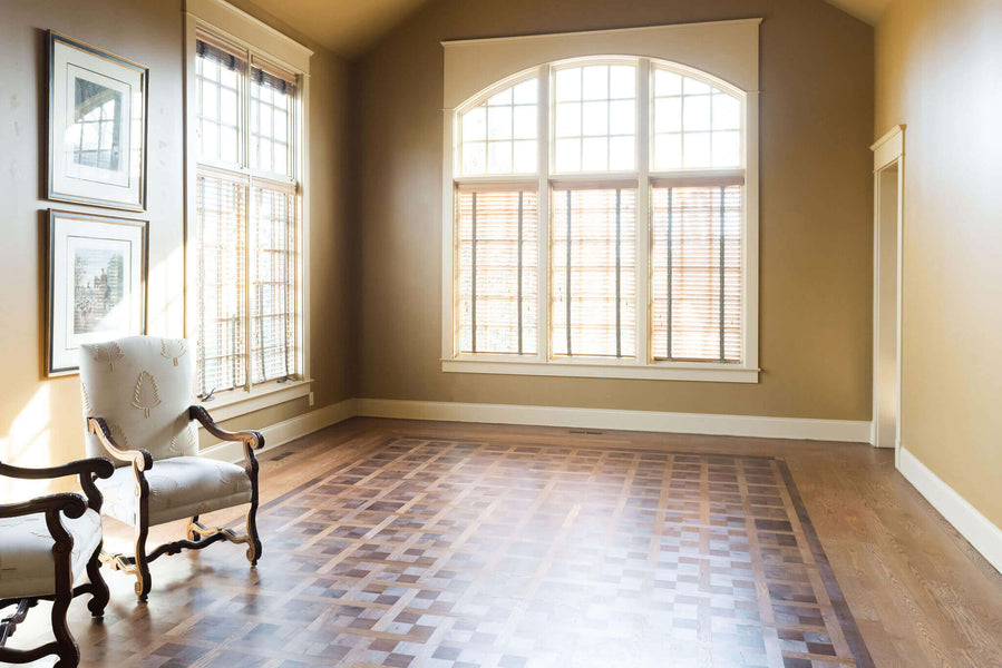 Stunning parquet floor finished with Rubio Monocoat products is lit perfectly.
