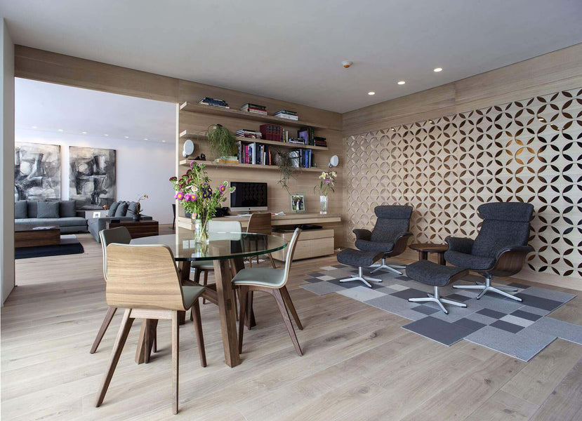 Dining area in private apartment features european oak flooring finished with Rubio Monocoat.