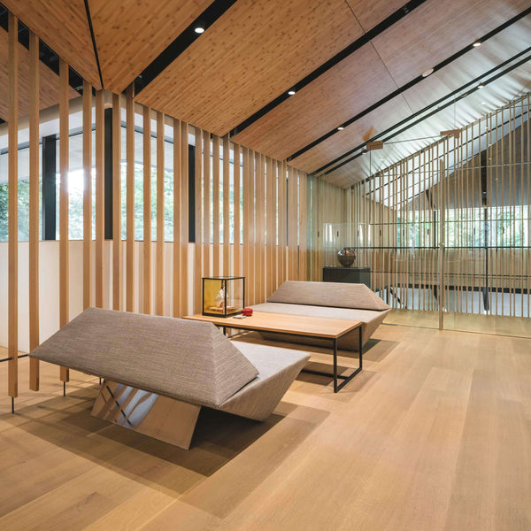 Wide plank wood floors in a Japanese style modern home.