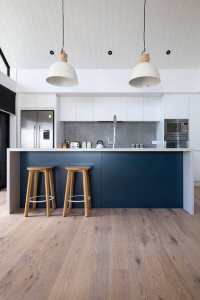 Kitchen with american oak plank floors.