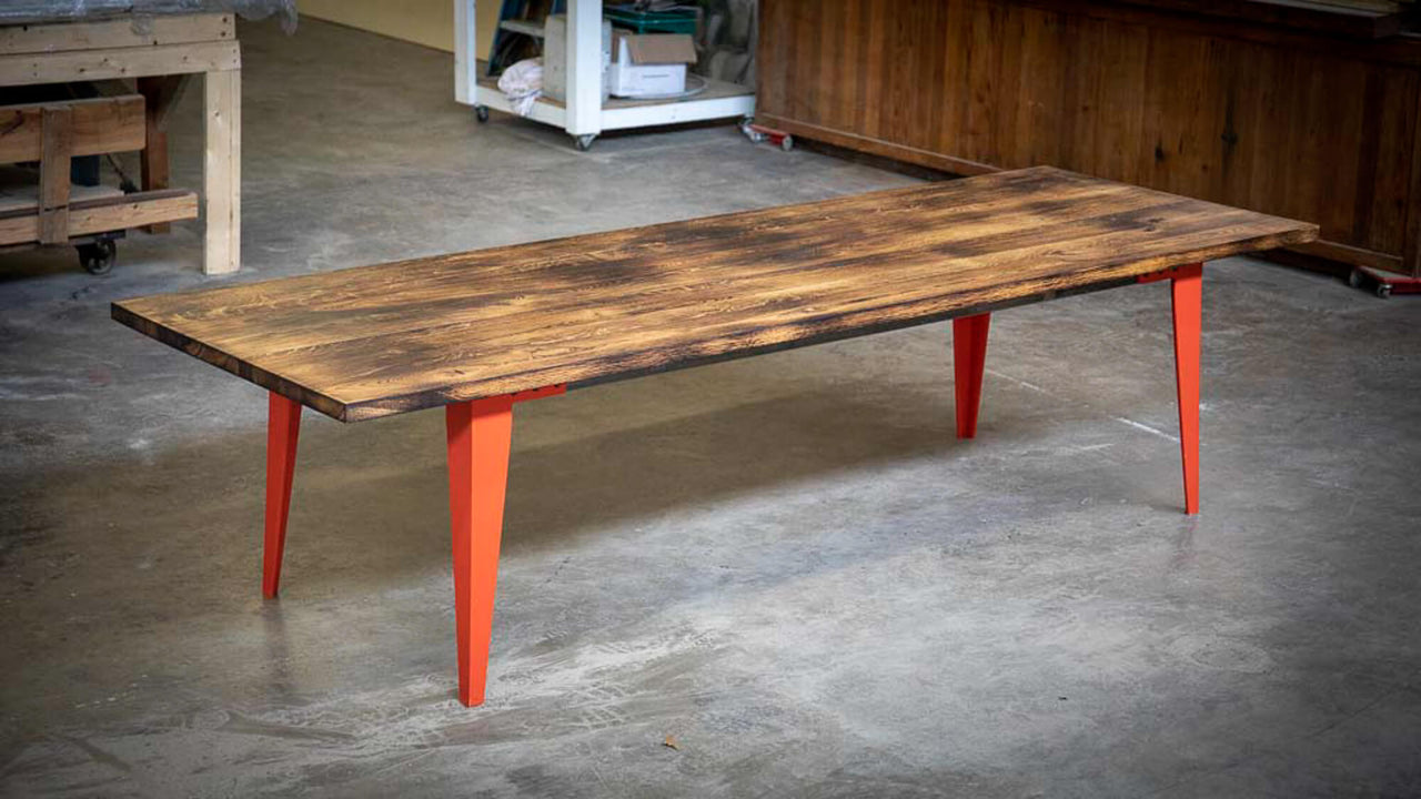 White oak table that was charred and finished with Rubio Monocoat Oil Plus 2C Pure.
