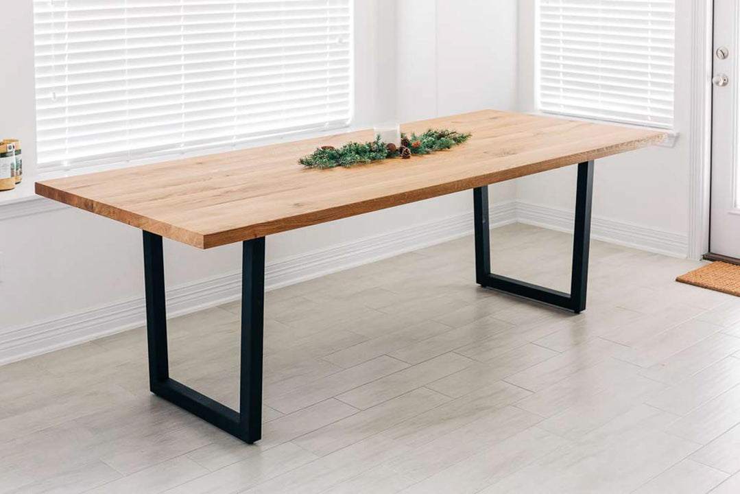 A contemporary white oak table finished with Rubio Monocoat Oil Plus 2C hardwax oil wood stain and finish for interior wood projects.