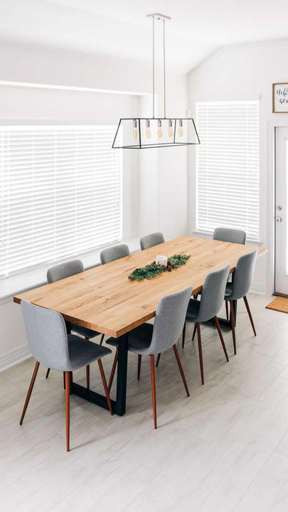 A contemporary white oak table with modern steel legs. Oil Plus 2C Pure was used to finish the tabletop.