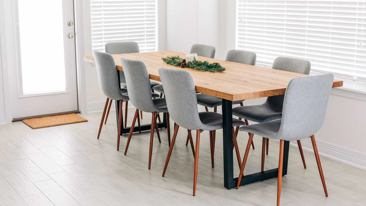 A white oak table finished using Rubio Monocoat Oil Plus 2C "Pure" hardwax oil wood stain and finish in one.