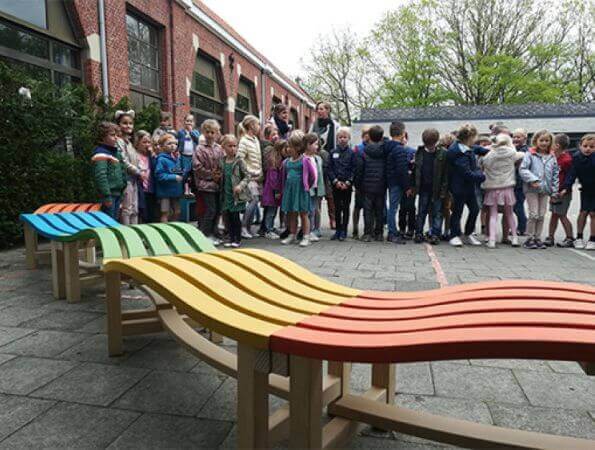 Colorful wooden bench finished with Rubio Monocoat.