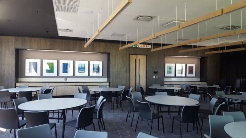 Wood panels using in company cafeteria design.