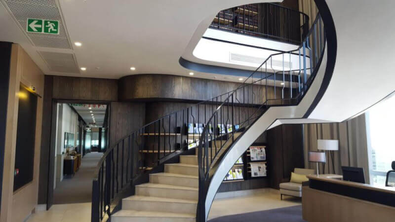 Wood wall paneling in company offices.