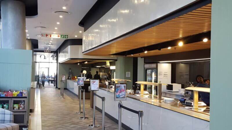 Wood accents used in cafeteria.