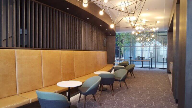 Office building interior design wood wall cladding.