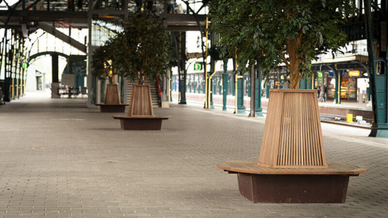 Round wooden benches with a natural wood finish.