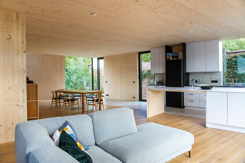 Beautiful kitchen with wooden walls and ceilings all finished with Rubio Monocoat Oil Plus 2C.