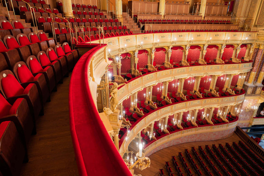 A view from the side balcony looking down into the Hungarian State Opera House auditorium.
