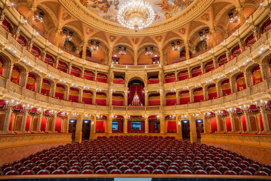 Looking at the auditorium from the stage in the Hungarian State Opera House. The floors and other wood details were finished with Rubio Monocoat Oil Plus 2C.