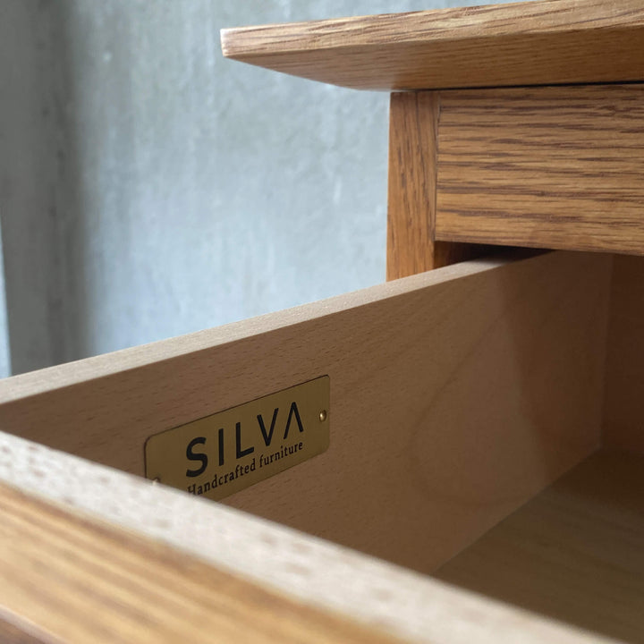 Inside of Europeans Beech wood drawer stamped with Silva business logo.