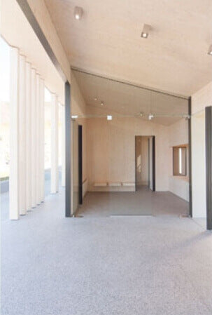 The interior of an architecturally modern cemetery building.