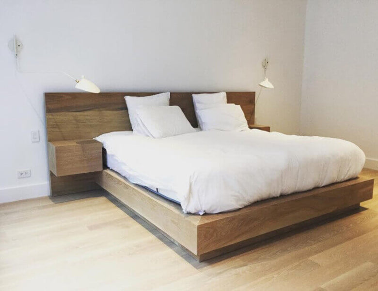 Wooden bed frame was finished with Rubio Monocoat to match the wood floors.